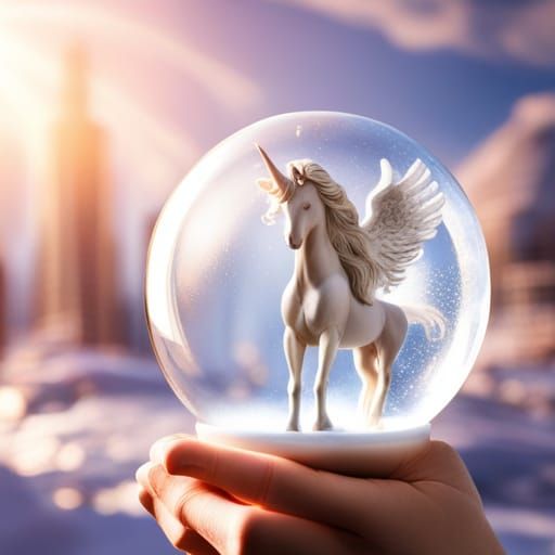 Angel in Snow Globe with Unicorn and Crystal City