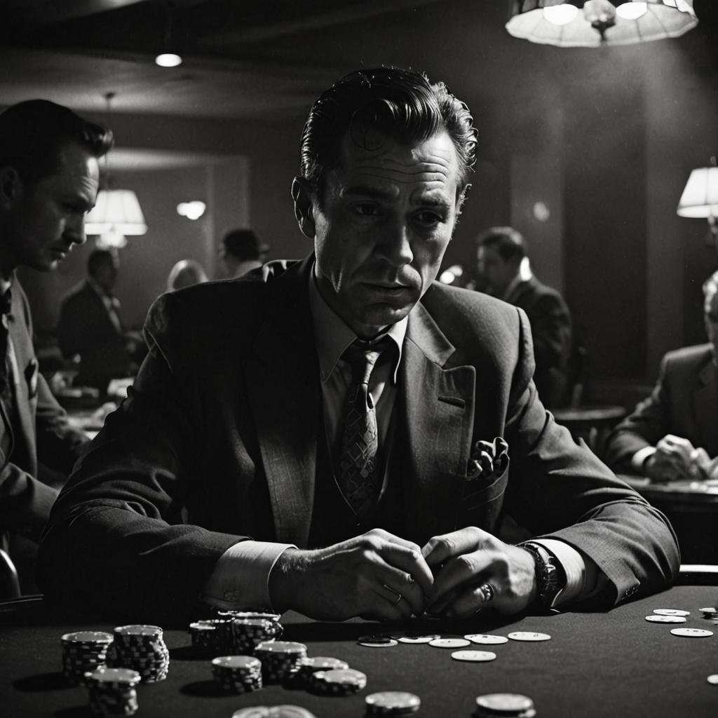 Film Noir Gambler in Casino with Dramatic Lighting