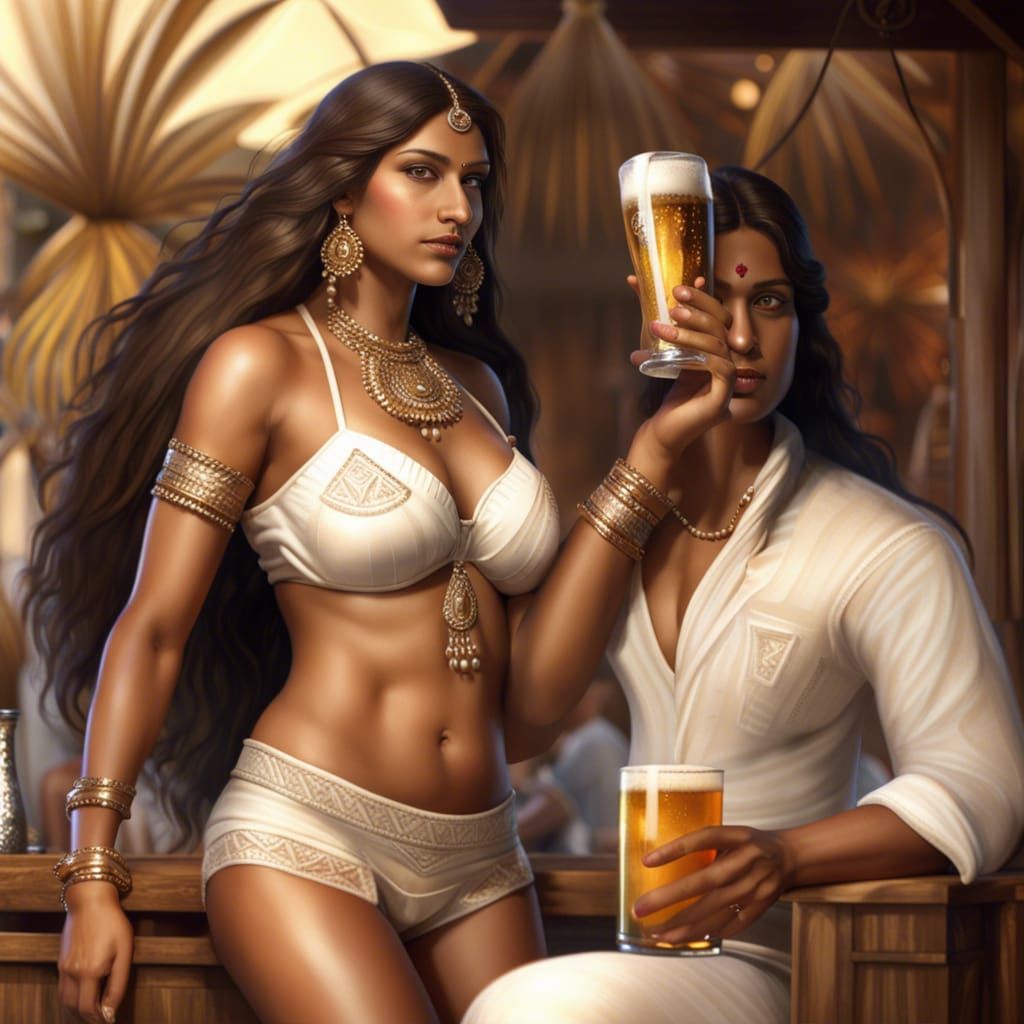 Stunning Indian Woman with Beer on Beach: 8k Photo