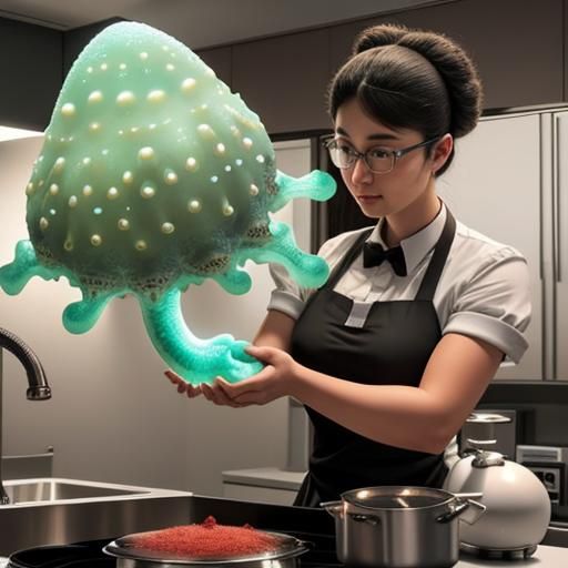 Amoeba Characters Cook in Modern Kitchen: 3D Render