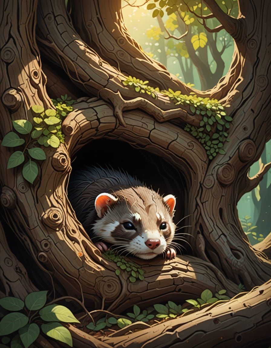 Adorable Ferret Sleeps Peacefully in Tree Root