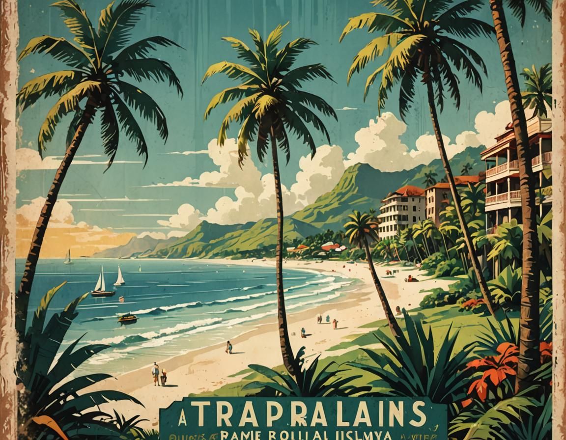 Retro Tropical Island Travel Poster in Art Deco Style