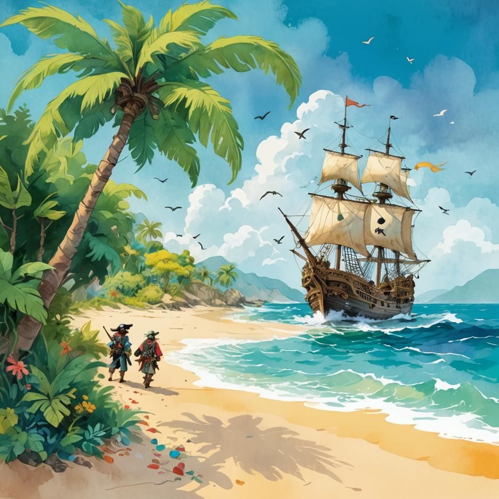 Pirates on Treasure Island in Gouache and Watercolor