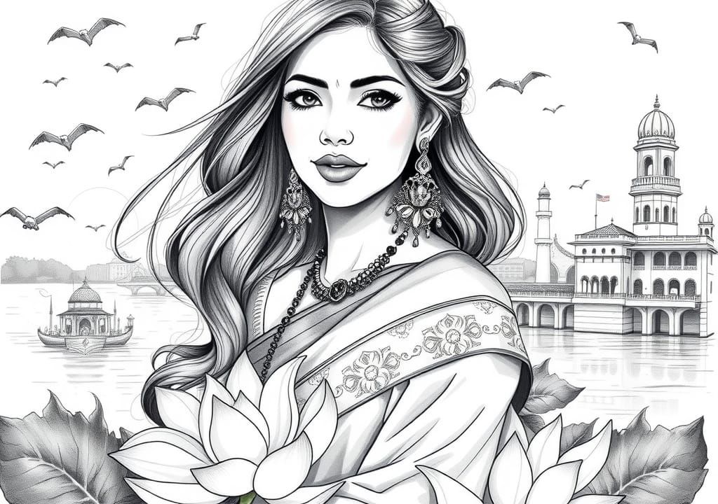 Elegant Indian Saree Portrait in Monochromatic Pencil Art