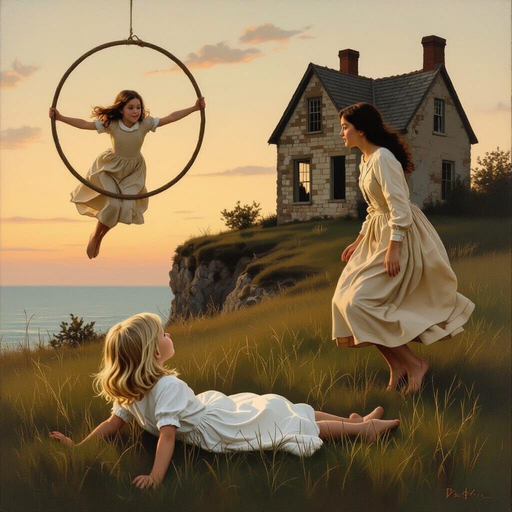 Girls Floating Near Ruined House in Realistic Style