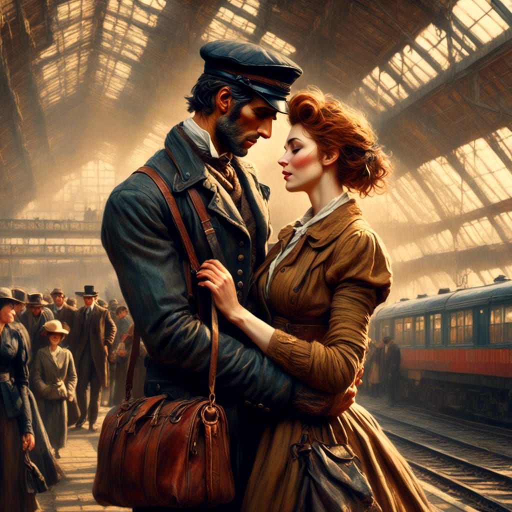 Hyper-realistic concept art. Mid shot. A 1950's man and a woman sharing a tearful goodbye at a London airport, in a tigh...