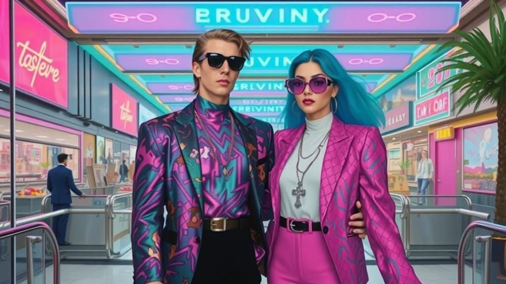 Retro-Futuristic Couple in Neon-Lit Mall