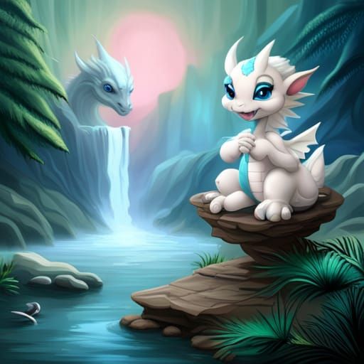 Smiling White Dragon by Ethereal Waterfall