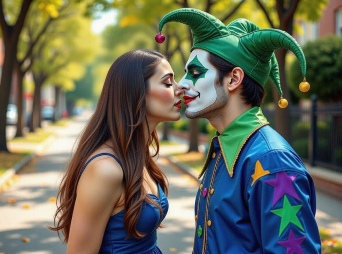 Woman Kissing Jester with 'Kissing a Fool' Text