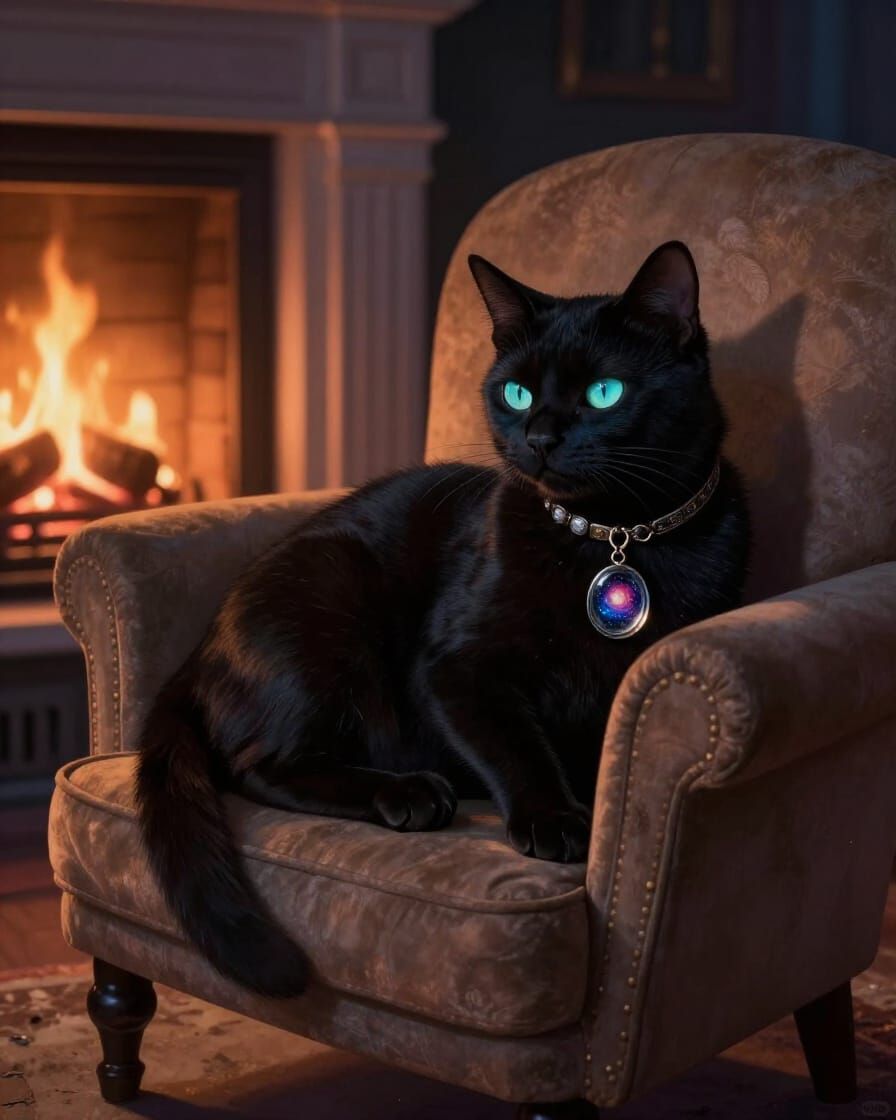 Black Cat With Galaxy Charm Near Fireplace