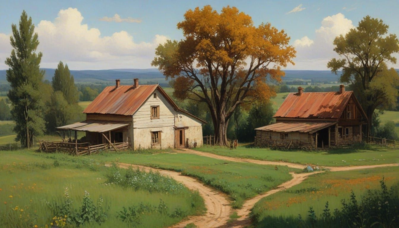 Vibrant Soviet Farm Landscape in Bouguereau Oil Painting Sty...