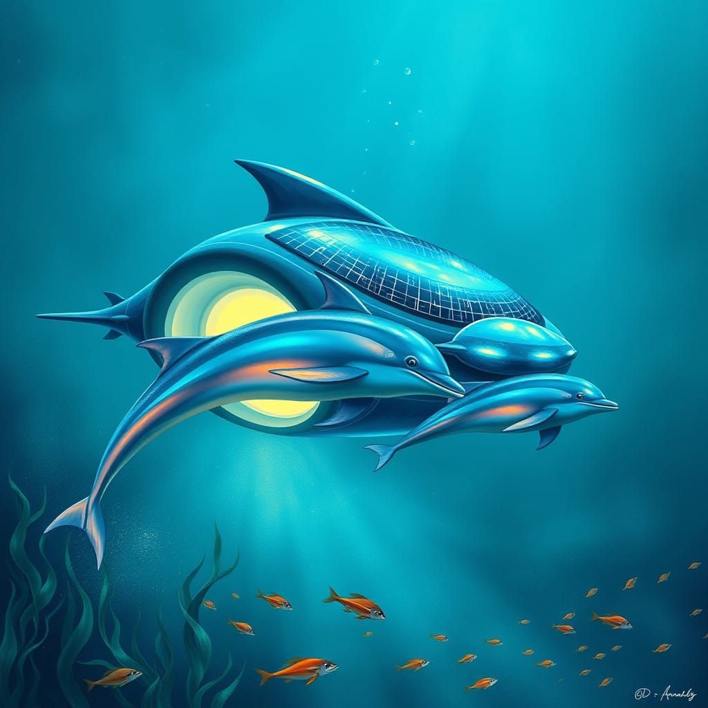 Solarpunk Submarine Dolphins: Vibrant, Futuristic Underwater...