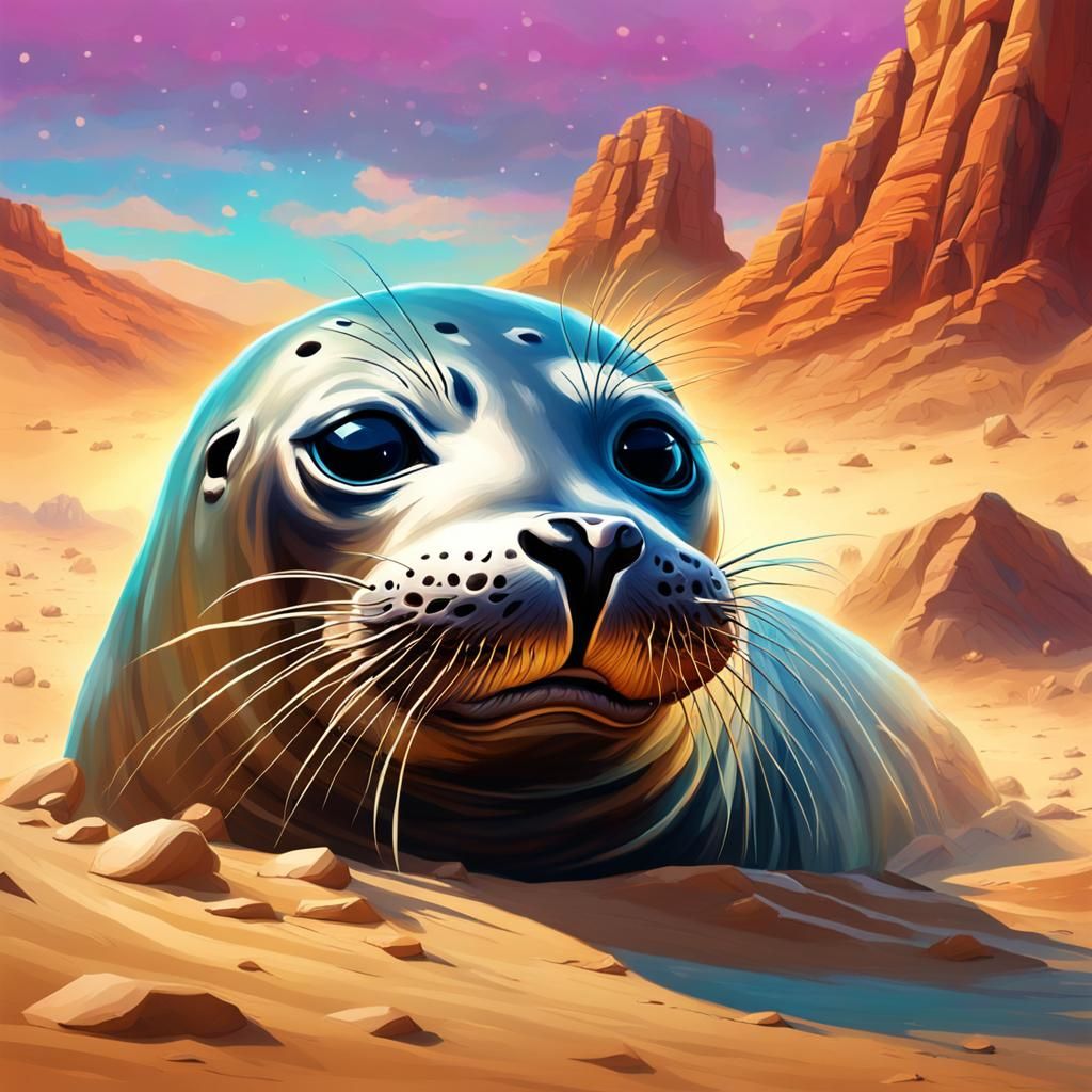Hyperrealistic Seal Crying in Desert Landscape