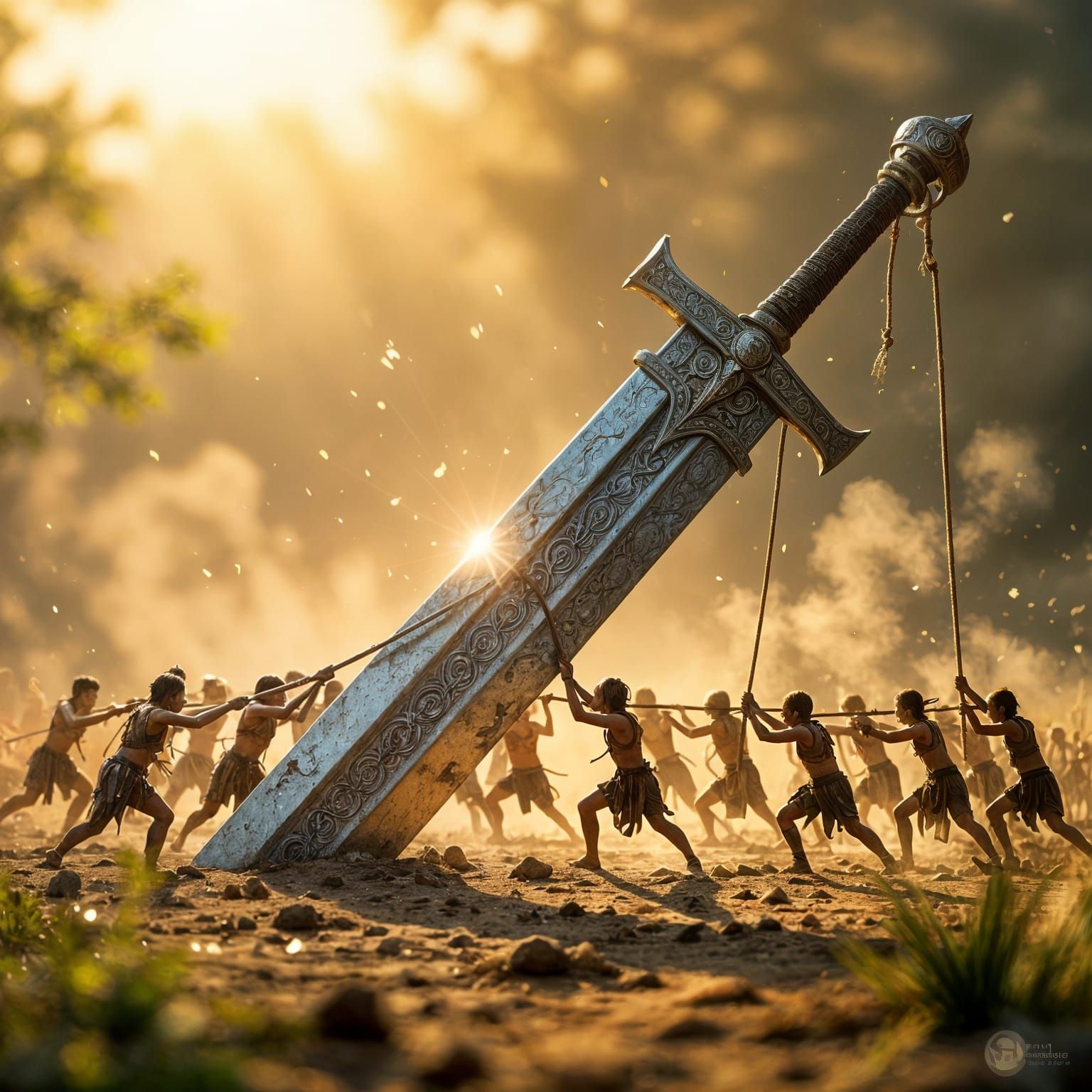 Tiny Figures Pull Giant Engraved Sword in Surreal Sunlight