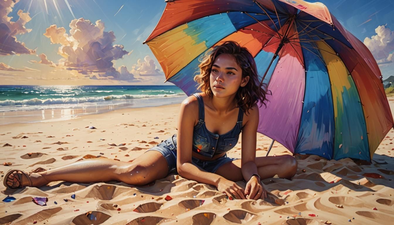 Woman on Beach in Fantasy Oil Painting