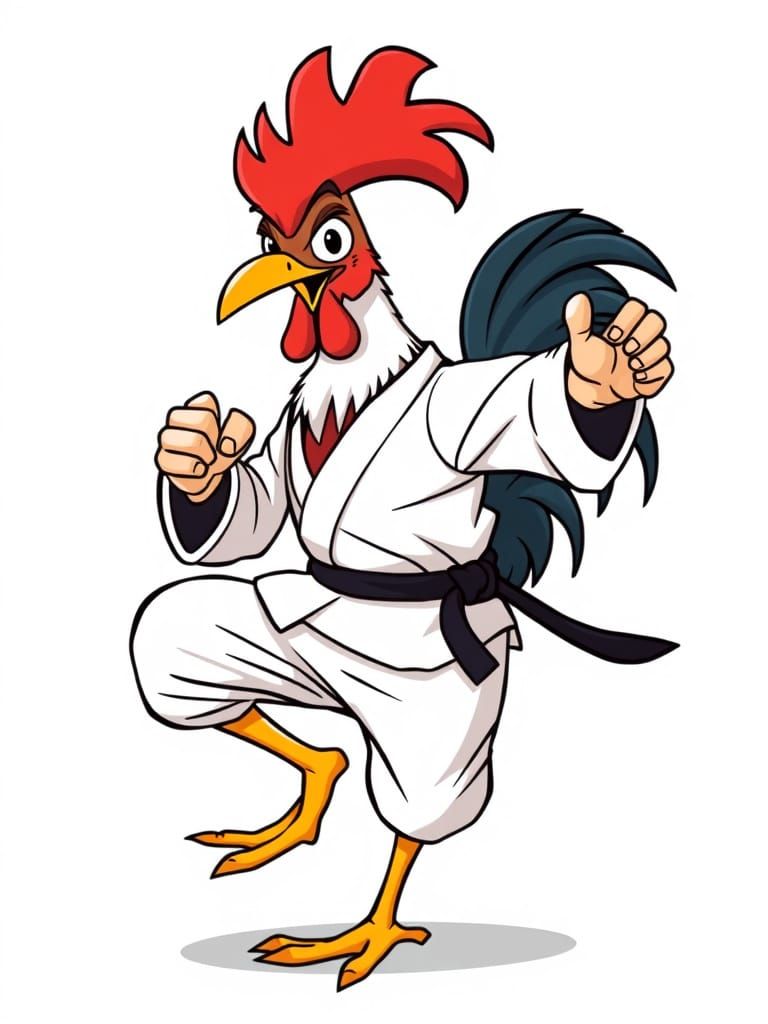 Cartoon Rooster Strikes a Karate Pose