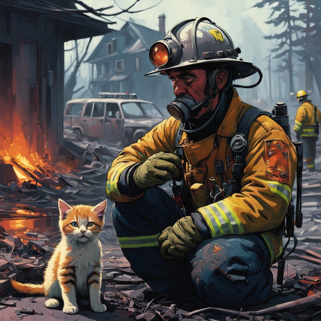 Weary Firefighter Comforts Rescued Kitten Amidst Burnt Ruins