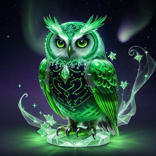 Magical Green Gem Owl with Aurora Backdrop