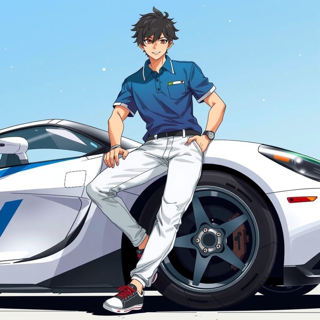 Charming Bishonen Leans Against a Sleek Racecar in a Vibrant...