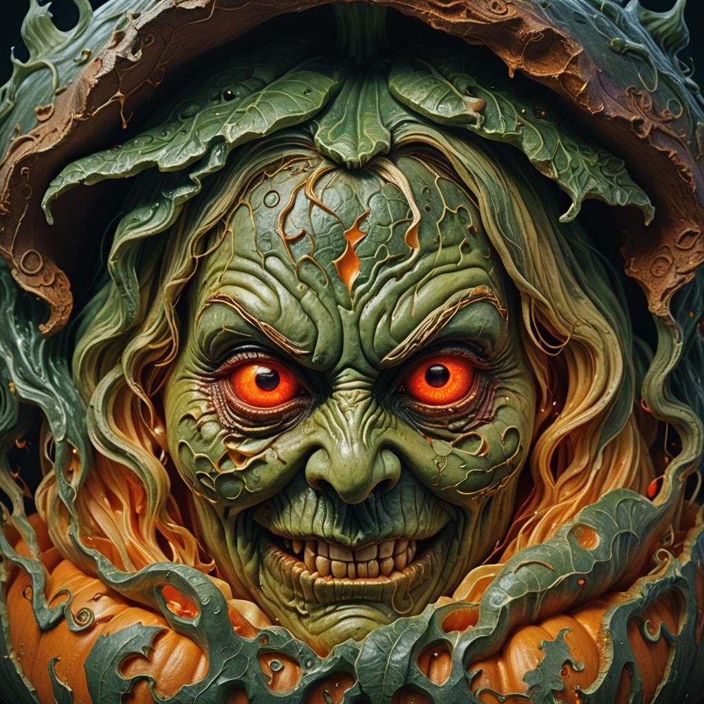 Ugly Witch Pumpkin Carving in Matte Painting Style