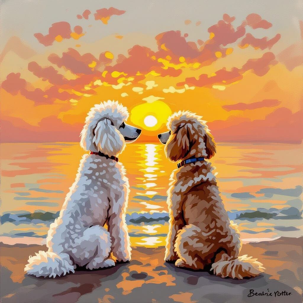 Poodle, Children, Sunset Shoreline in Impressionist Style