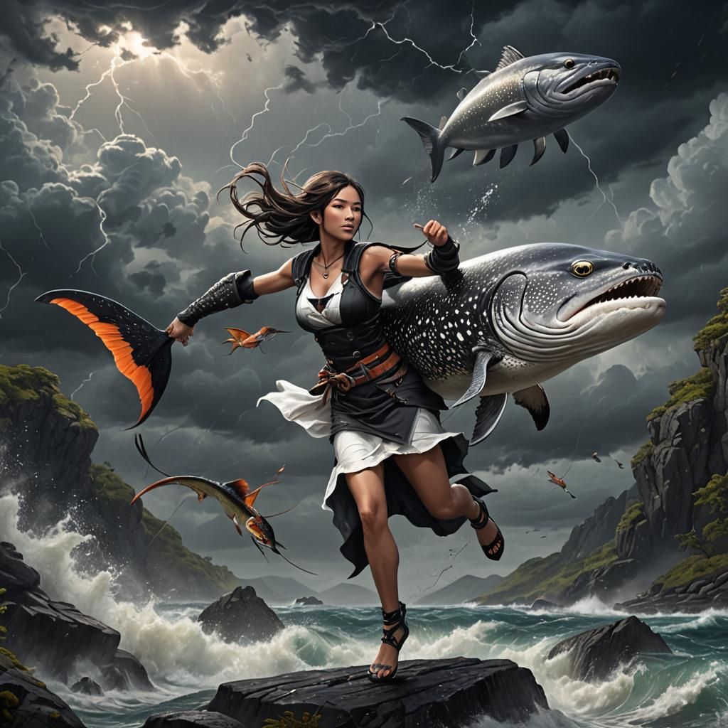 Giant Flying Eel with Elf Rider, Surreal Art