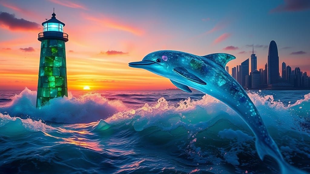 Surreal Sea Glass Lighthouse at Sunset