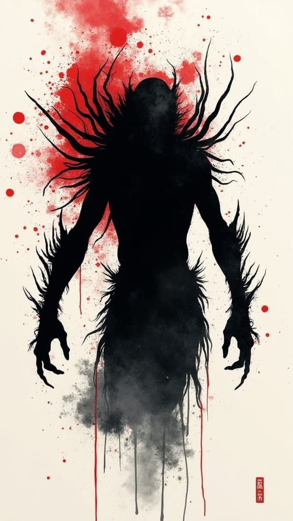 Yautja Predator Silhouette in Sumi-e Style