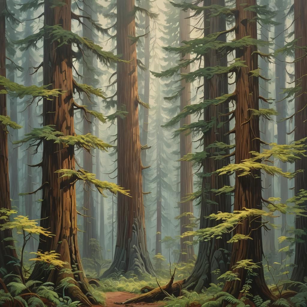 Redwood Forest in Impasto Gouache Style