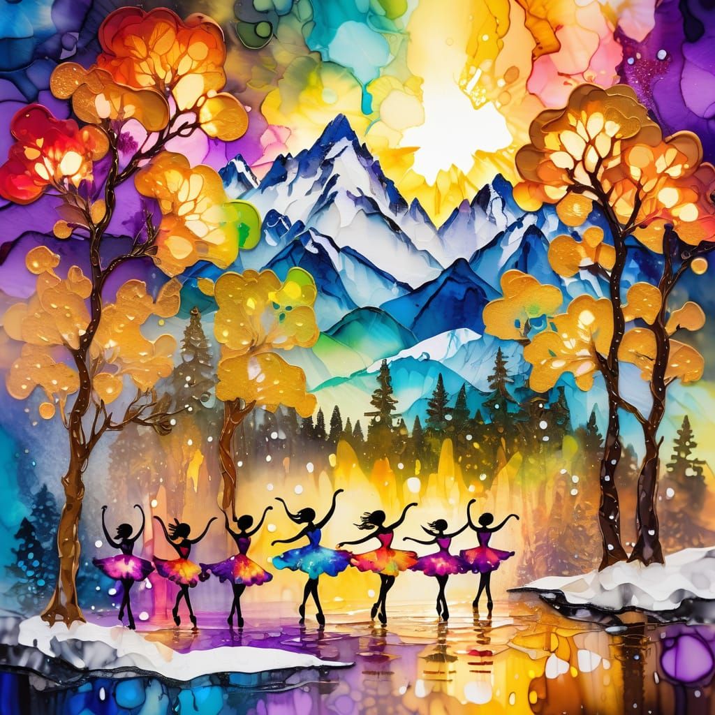 Vibrant Whimsical Dancers in Sunlit Forest