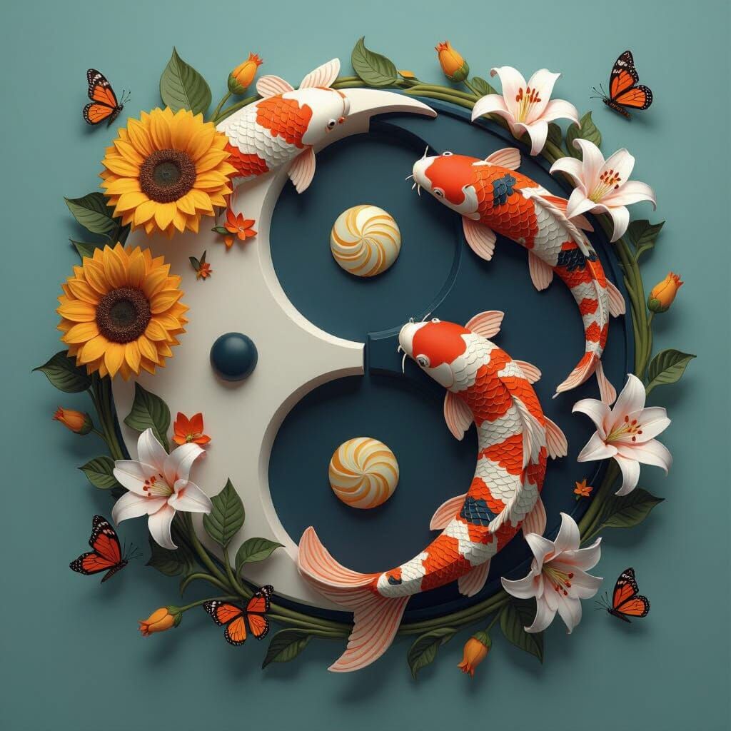 Ying Yang Koi Fish & Floral Tattoo Design