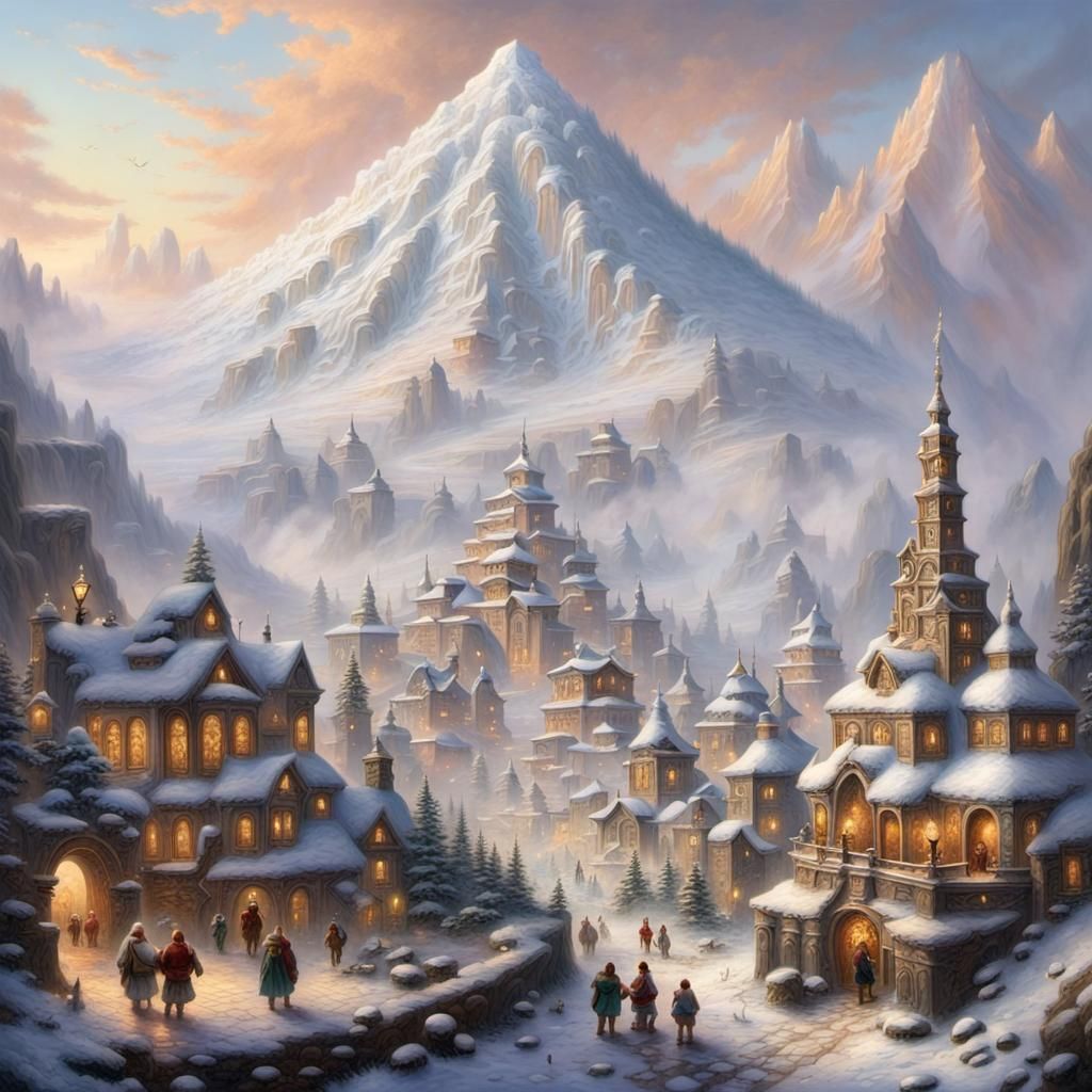 Stone City Carved Against Snowy Volcano