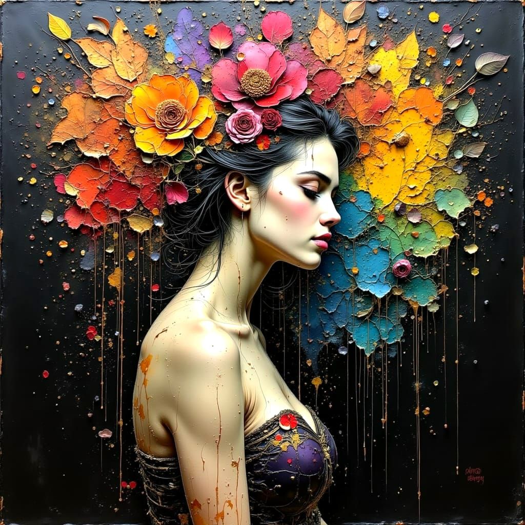 Drippy Florals in Impasto Style on Black Canvas