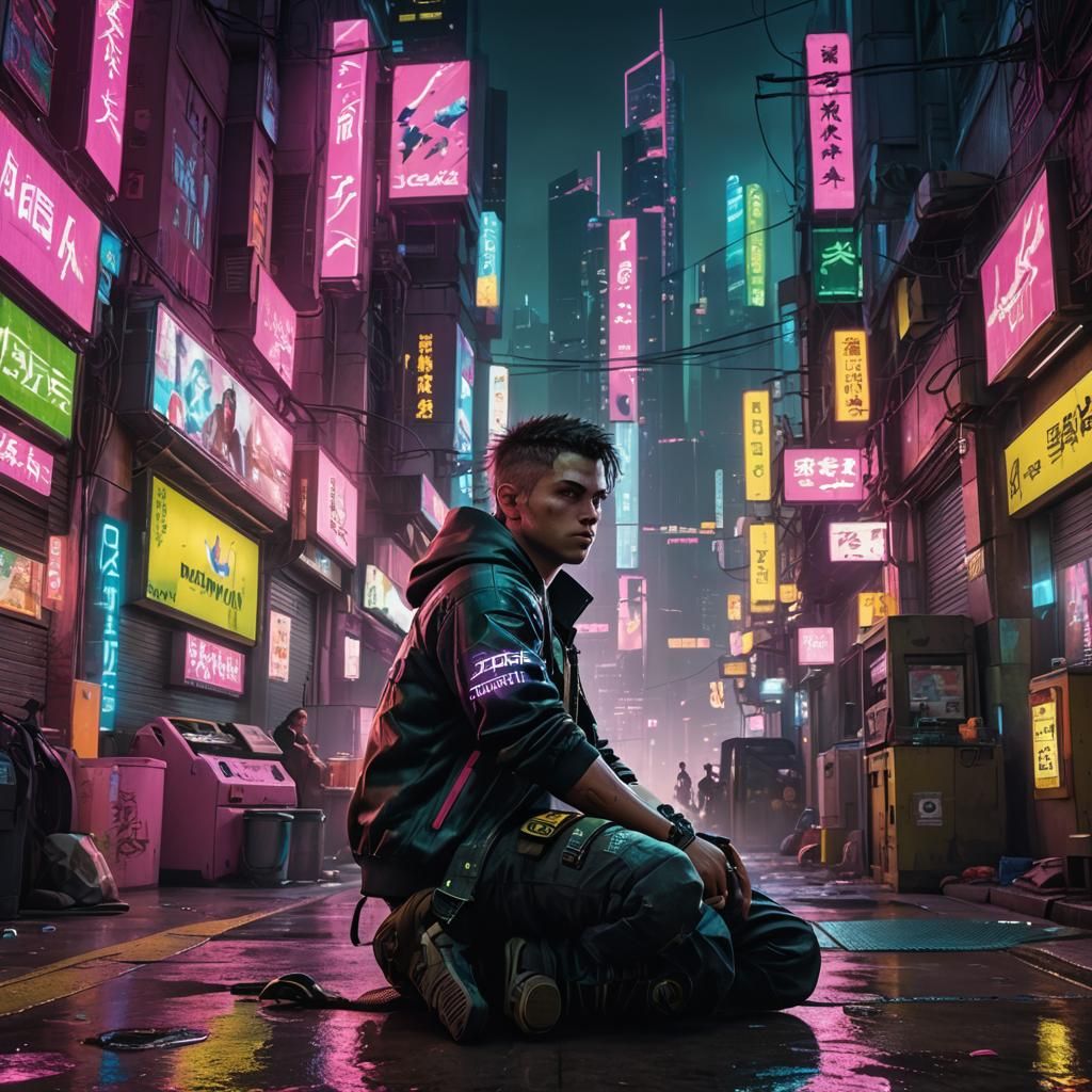 Cyberpunk Gamer in Dystopian Alleyway