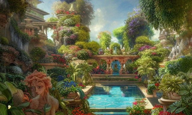 Mythological Garden Waterpark in Detailed Digital Painting