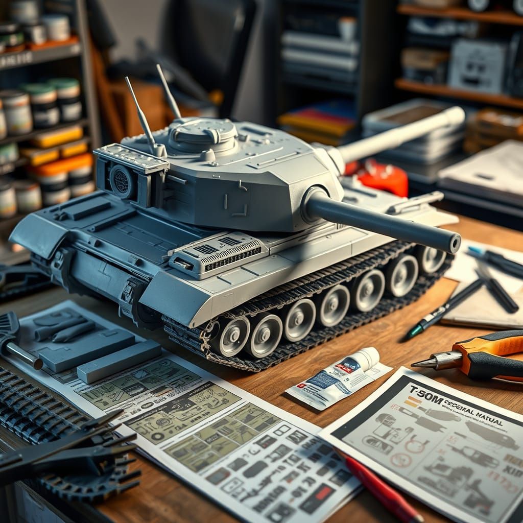 Russian Main Battle Tank Model Kit on Hobbyist's Workbench