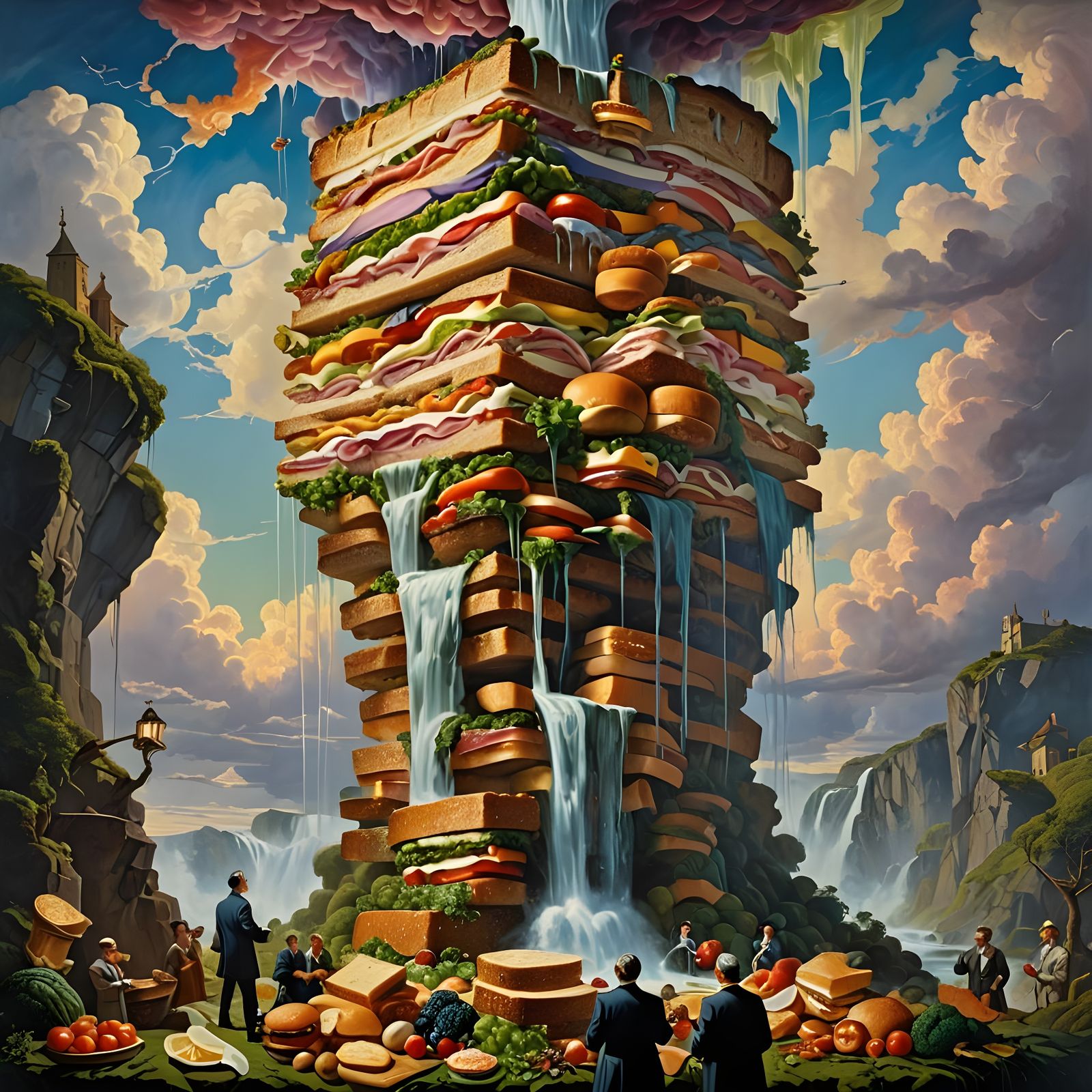 Giant Surreal Sandwich Towering in Pagan Forest Art