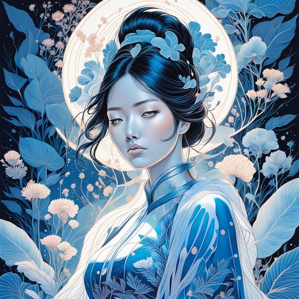 Asian Woman in Thought with Bioluminescent Flora