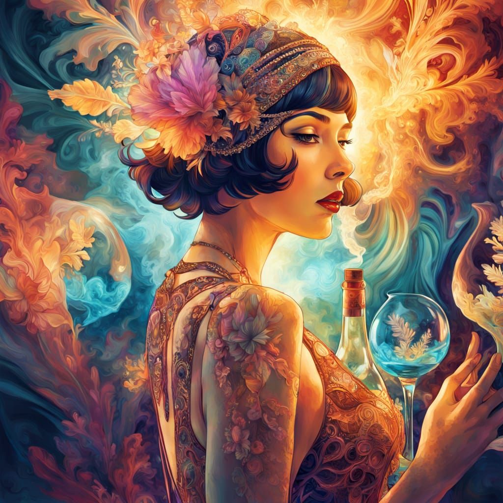 Surreal Flapper Silhouette with Fractal Alcohol Streams
