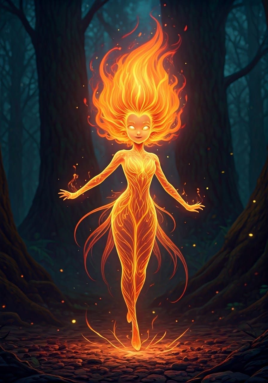 Fiery Pixie Dances in Mystical Forest: Fantasy CGI