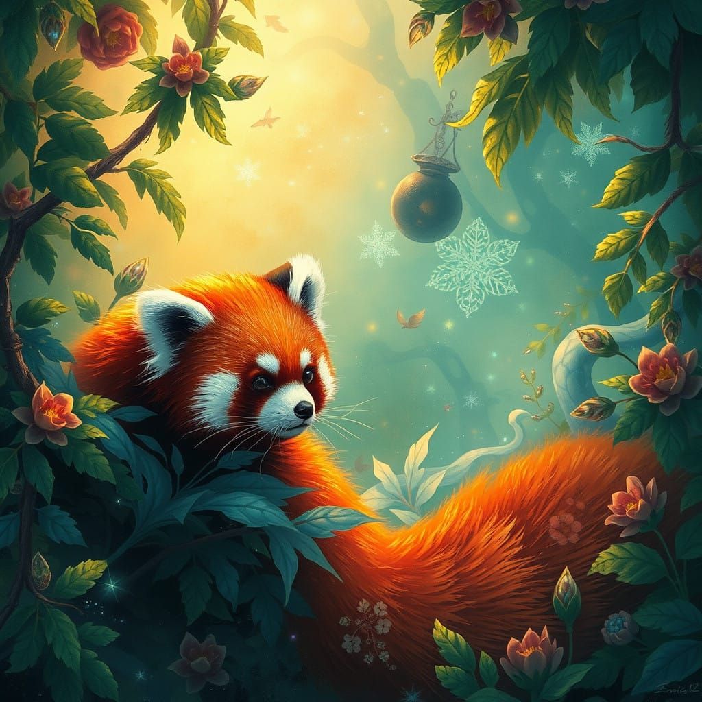 Surreal Red Panda Realm in Golden Light