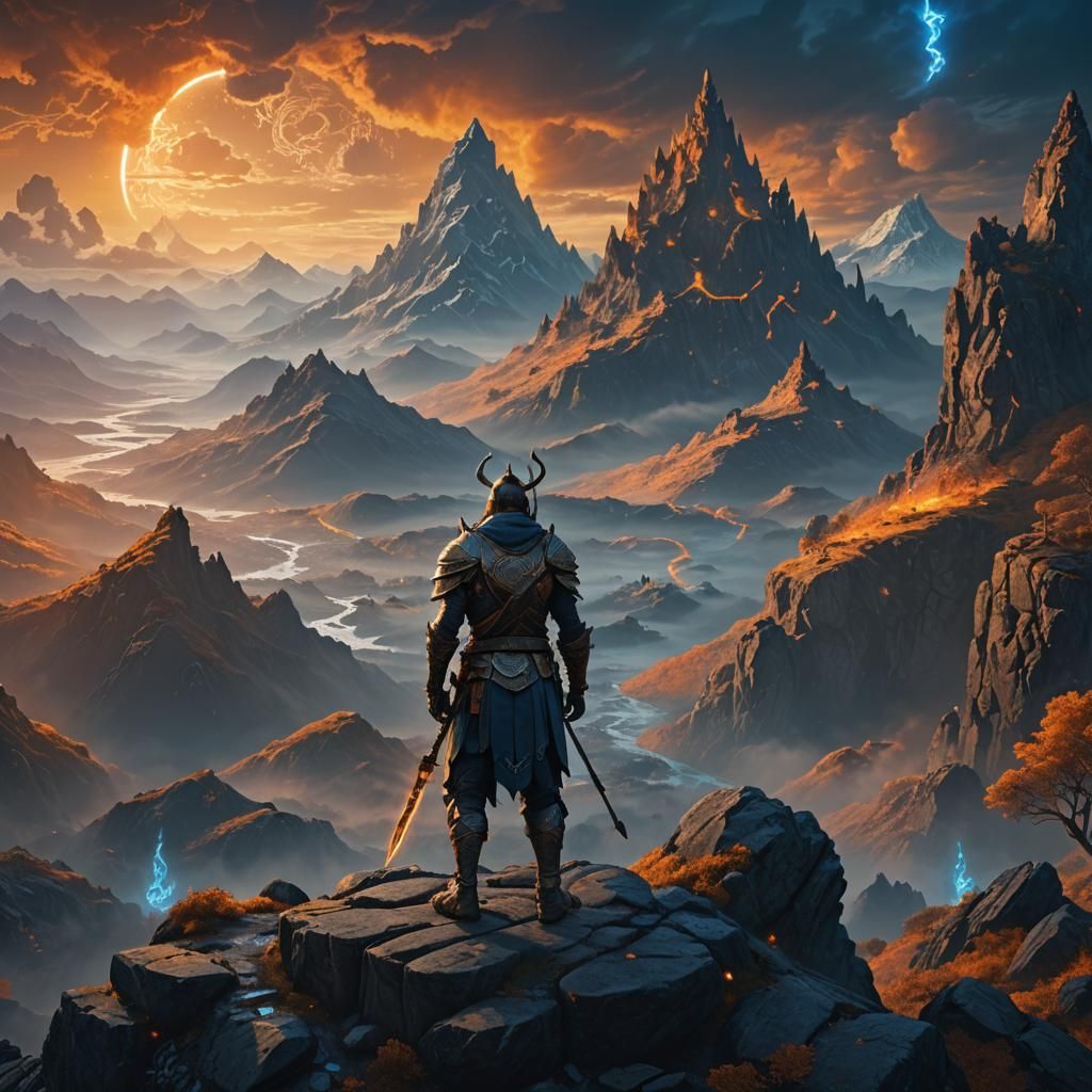 Fantasy Warrior on Mystical Mountain in Matte Painting