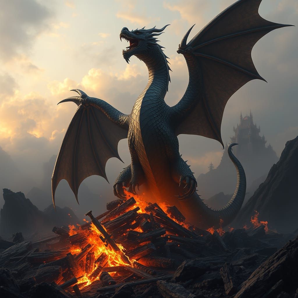 Dragon Emerges from Fiery Ruins in a Stunning Cyberpunk Scen...