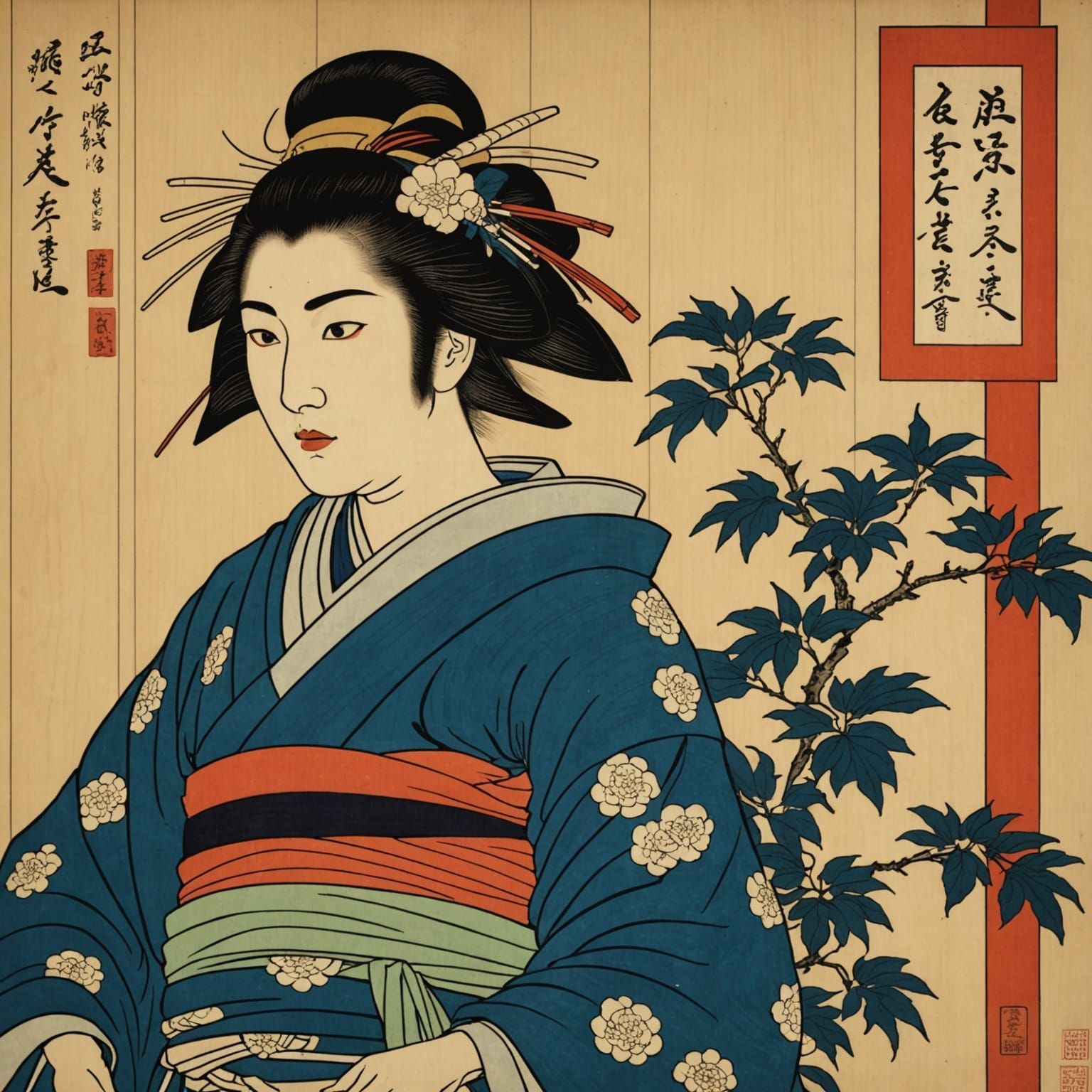 Japanese Ukiyo-E Art Piece on Wooden Panel