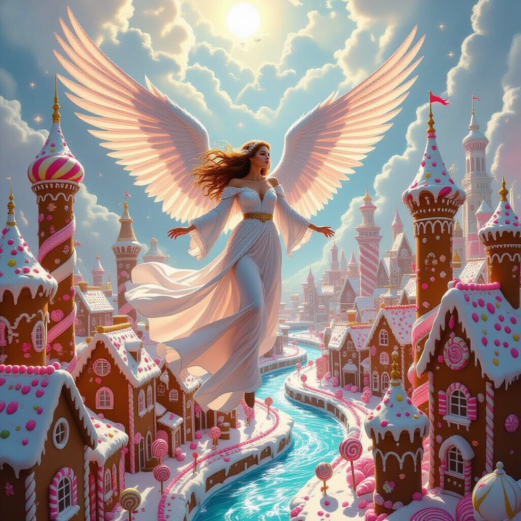 Angel Soars Over Candy Cityscape in Charcoal Illustration