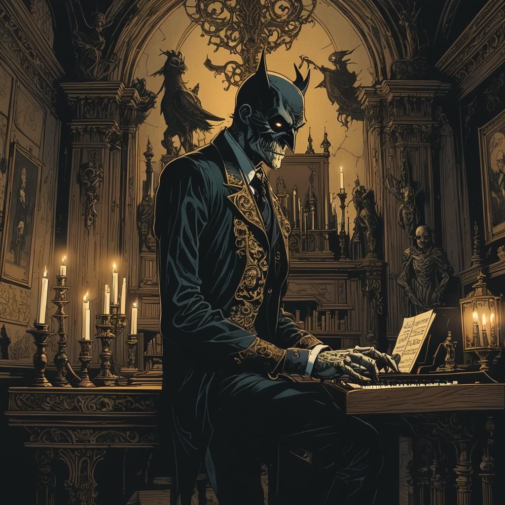Owlman Plays Piano in Gothic Comic Style
