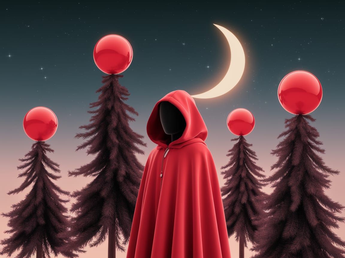 Mystical Figure in a Vibrant Red Cloak Standing Amongst Ench...