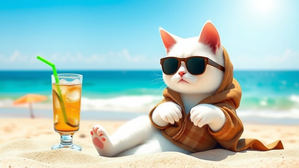 White Cat's Humorous Beach Vacation in Sunlight
