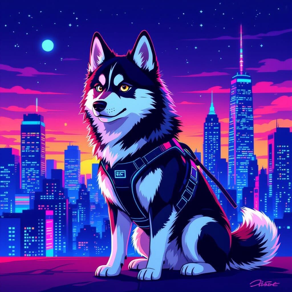 Neon Cityscape Husky in Graphic Art Style