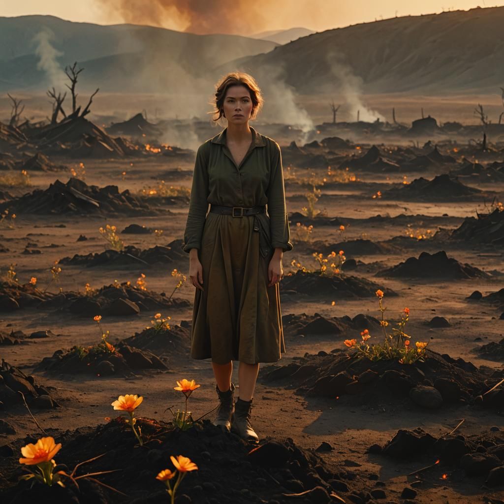 Smoldering Landscape with Blooming Flower in Golden Light